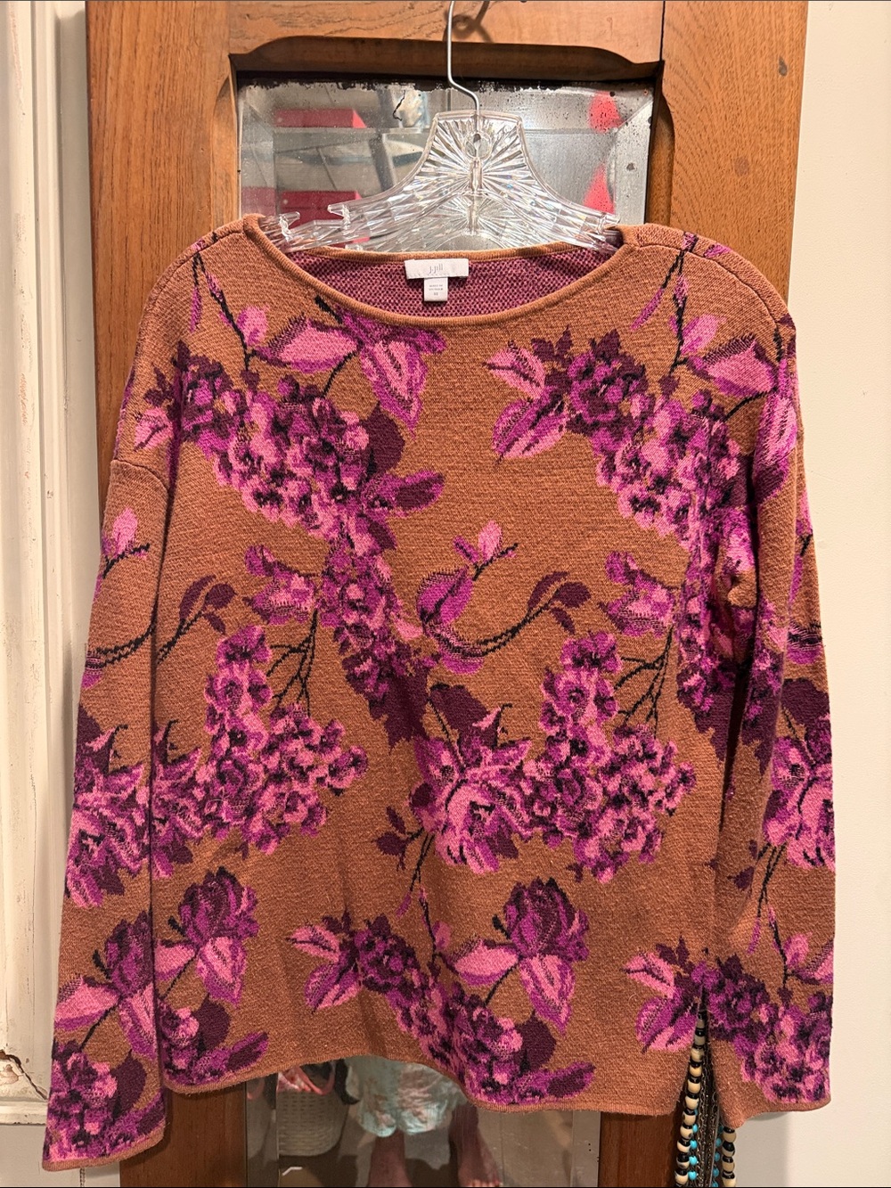 J Jill Knit Sweater in Brown with Pink Bouquet Print